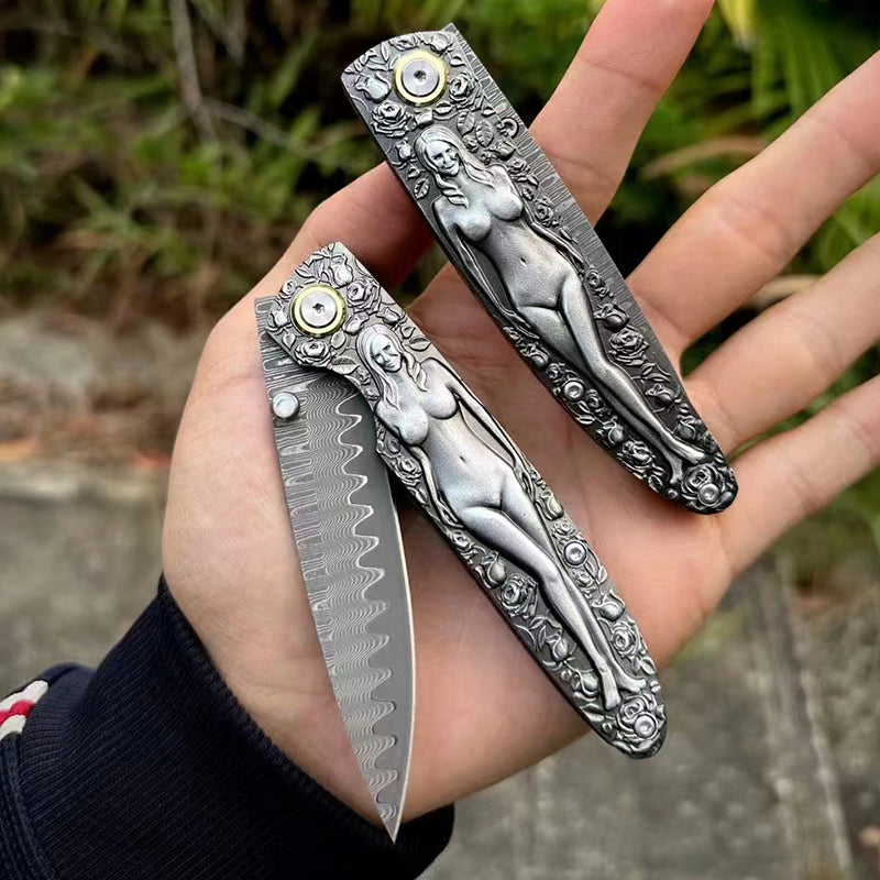 Damascus Blade Folding Knife Double Sided Engraved Vintage Handle Outdoor Camping Survival Pocket Knives