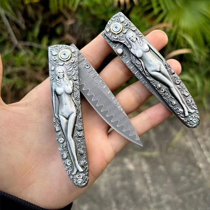 Damascus Blade Folding Knife Double Sided Engraved Vintage Handle Outdoor Camping Survival Pocket Knives