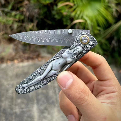 Damascus Blade Folding Knife Double Sided Engraved Vintage Handle Outdoor Camping Survival Pocket Knives