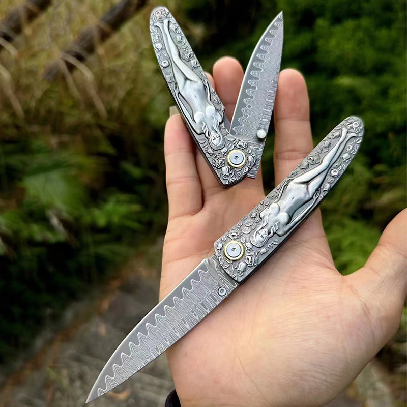 Damascus Blade Folding Knife Double Sided Engraved Vintage Handle Outdoor Camping Survival Pocket Knives