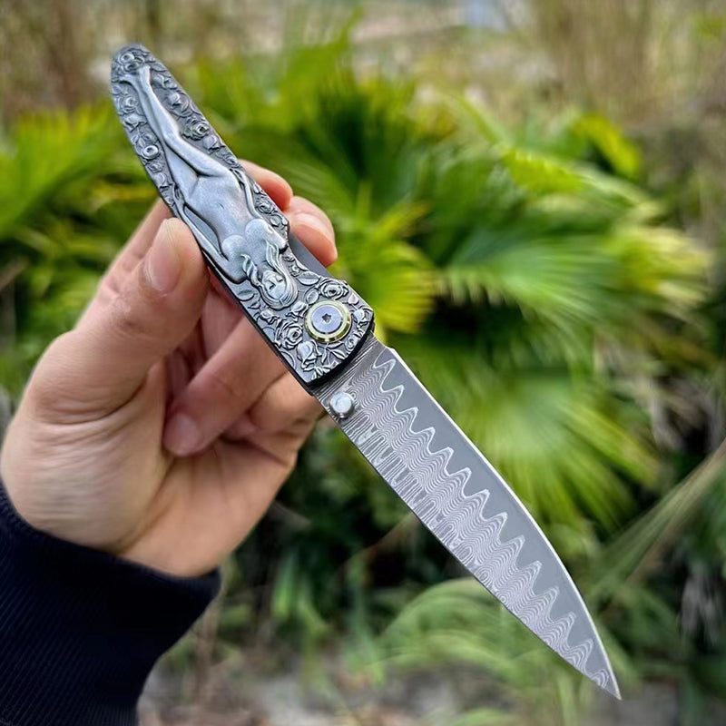 Damascus Blade Folding Knife Double Sided Engraved Vintage Handle Outdoor Camping Survival Pocket Knives