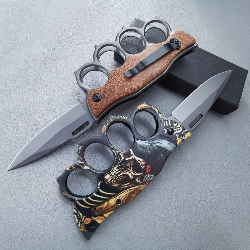 Tactical Folding Knuckle Knife Wooden Handle Outdoor Self Defense Pocket Knives EDC Tool