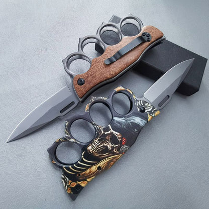 Tactical Folding Knuckle Knife Wooden Handle Outdoor Self Defense Pocket Knives EDC Tool