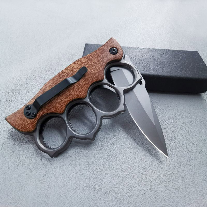 Tactical Folding Knuckle Knife Wooden Handle Outdoor Self Defense Pocket Knives EDC Tool